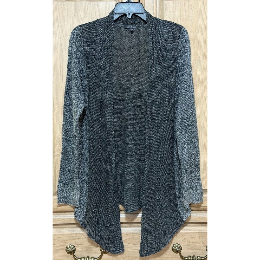 Eileen Fisher 100% Linen Open Front Cardigan Sweater Sz Small Gray Drape Light